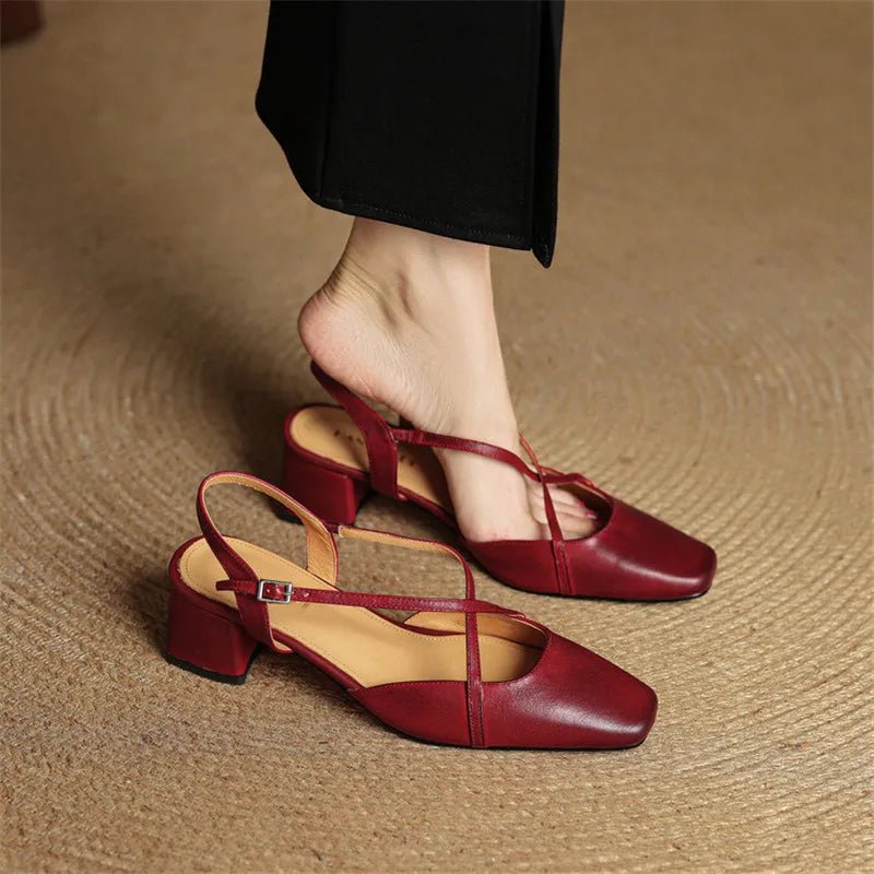 Women's Cross Strap Leather Block Heels | Closed Toe Hero