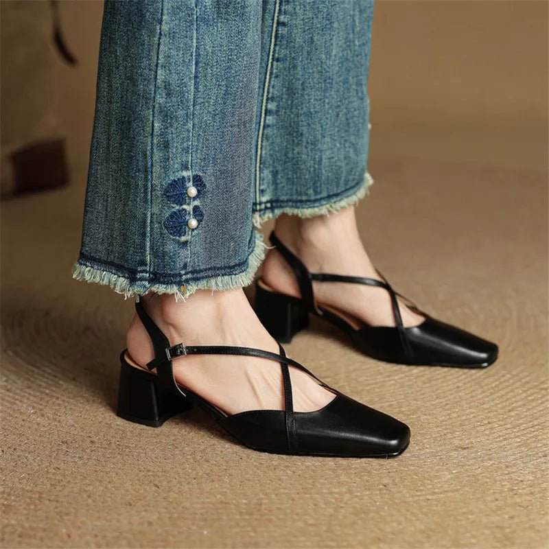 Women's Cross Strap Leather Block Heels | Closed Toe Lifestyle