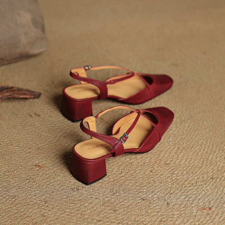 Women's Cross Strap Leather Block Heels | Closed Toe Side