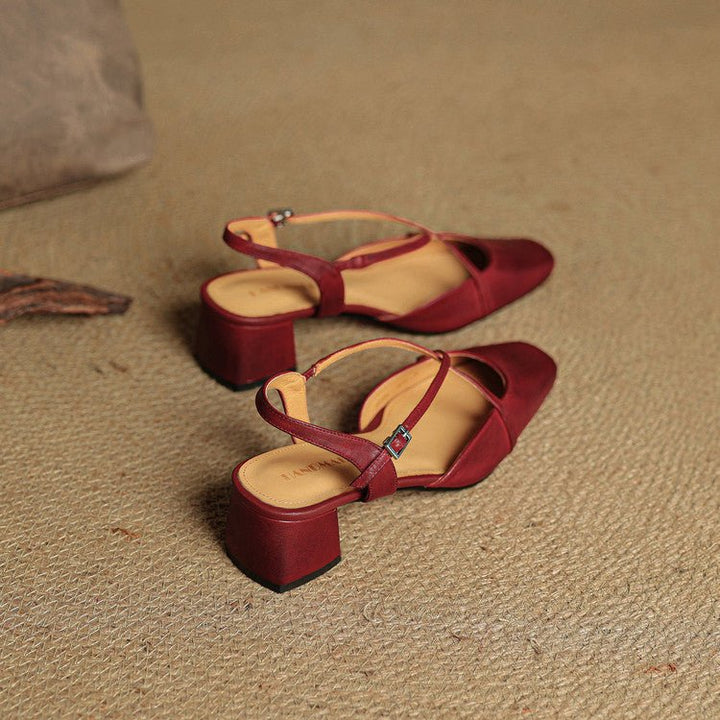 Women's Cross Strap Leather Block Heels | Closed Toe Side