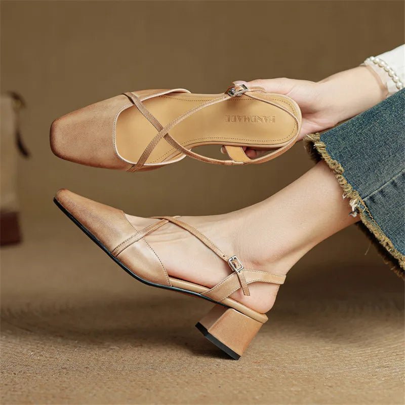 Women's Cross Strap Leather Block Heels | Closed Toe View 11