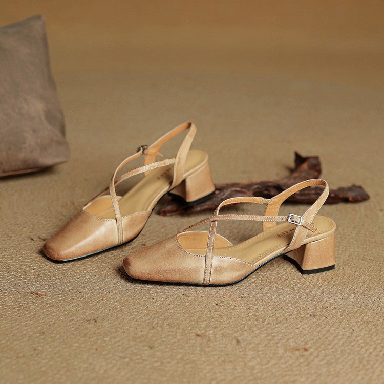 Women's Cross Strap Leather Block Heels | Closed Toe View 14