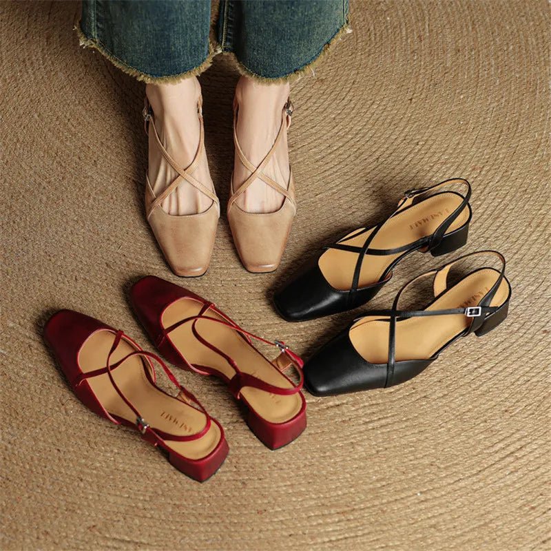 Women's Cross Strap Leather Block Heels | Closed Toe View 17