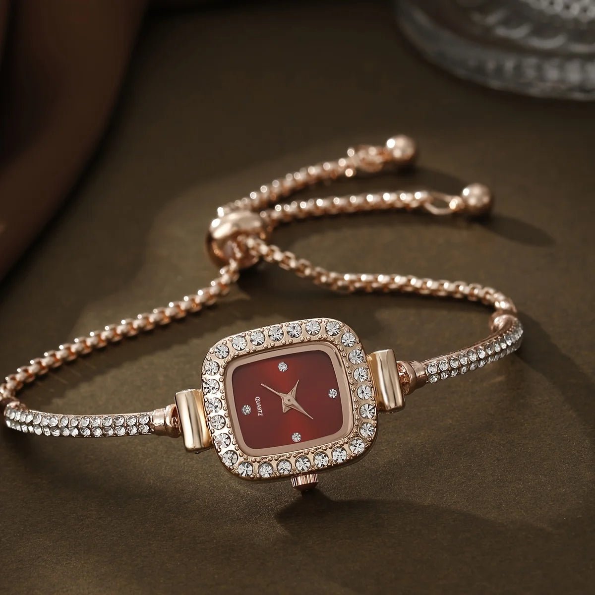 Women's Crystal Bezel Square Watch | Adjustable Sliding Clasp Close Up
