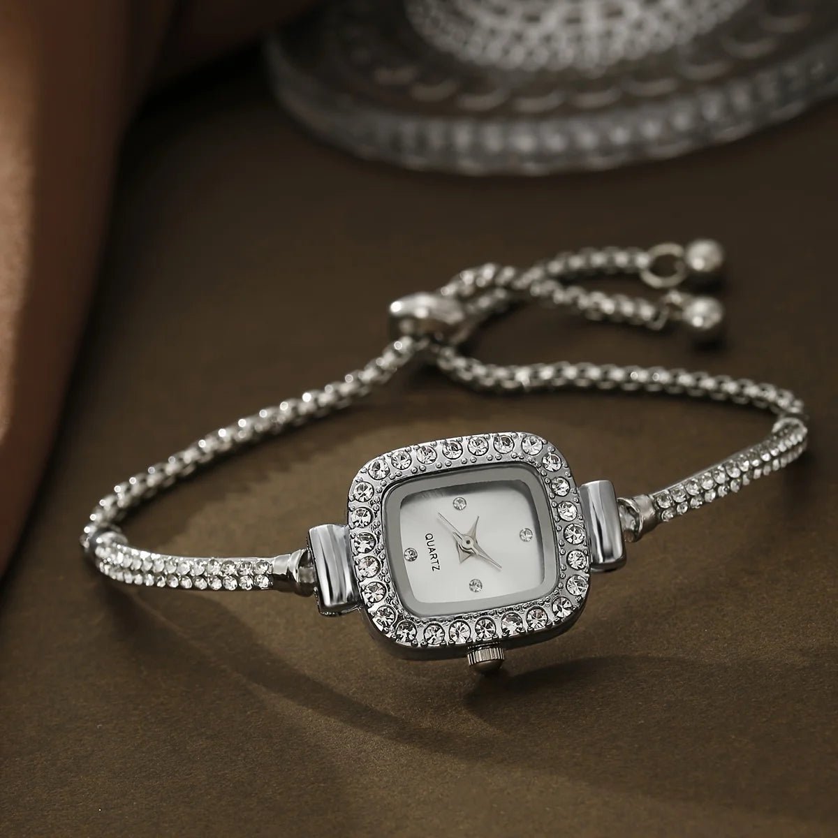 Women's Crystal Bezel Square Watch | Adjustable Sliding Clasp Side