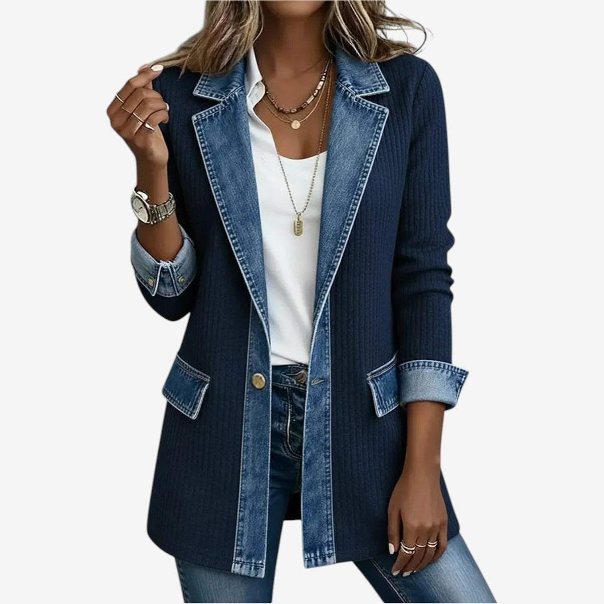 Women's Denim Cardigan Jacket | Lapel Button Knit Layer Close Up