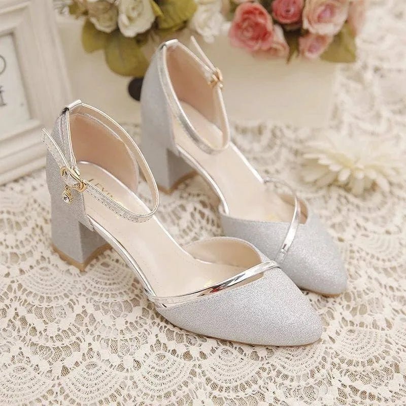 Women's Elegant Block Heel Sandals | Glitter Ankle Strap Front