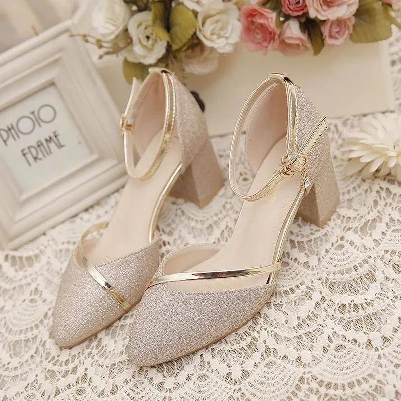 Women's Elegant Block Heel Sandals | Glitter Ankle Strap Side
