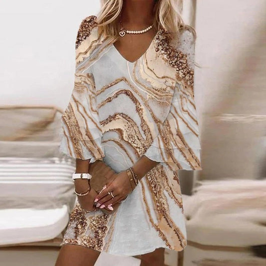 Women's Elegant Flare Sleeve Mini Dress | Marble Swirl Print Hero
