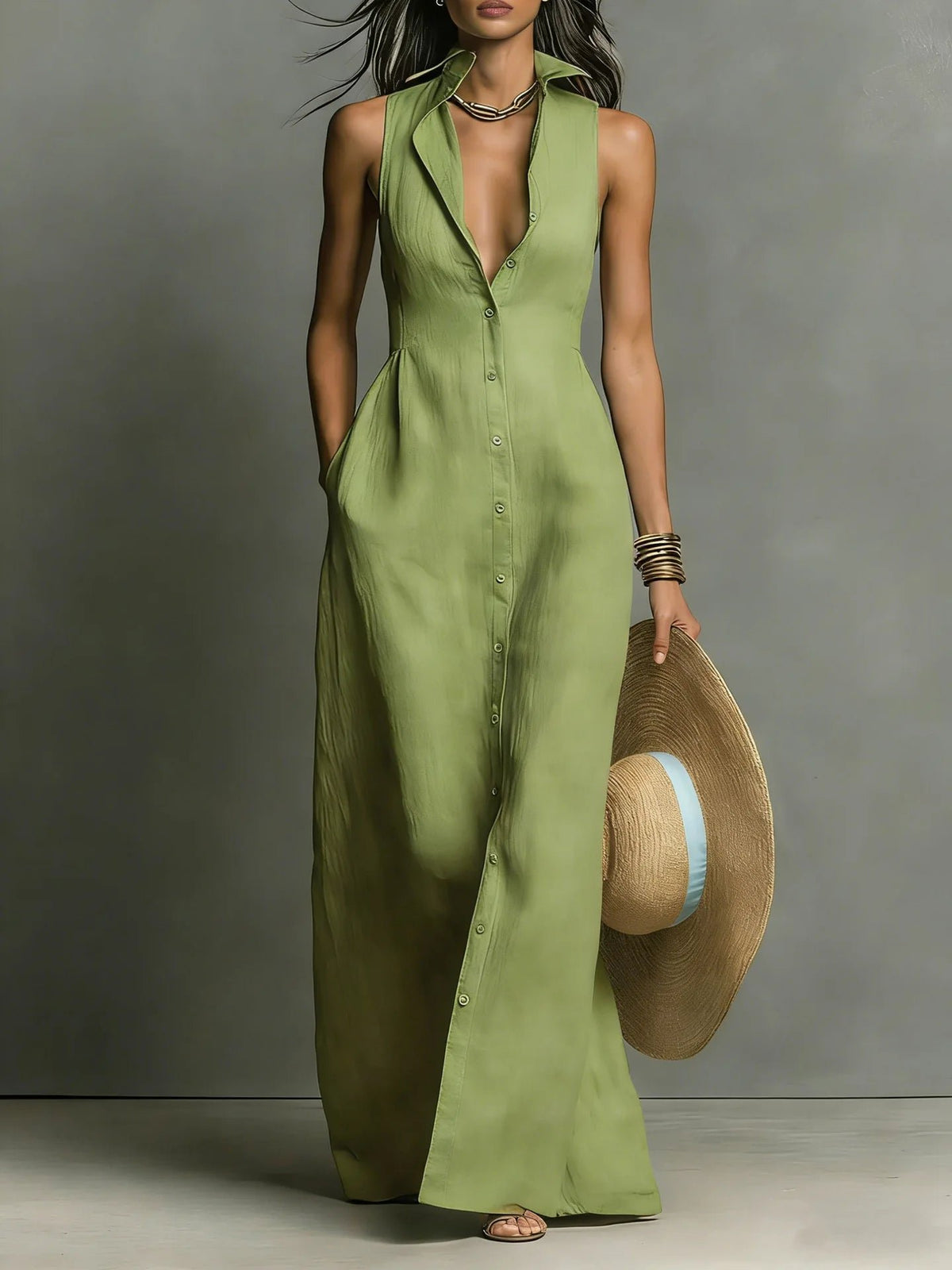 Women's Elegant Lapel Shirt Maxi Dress | Button-Front Close Up