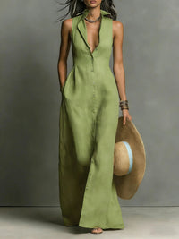 Women's Elegant Lapel Shirt Maxi Dress | Button-Front Close Up