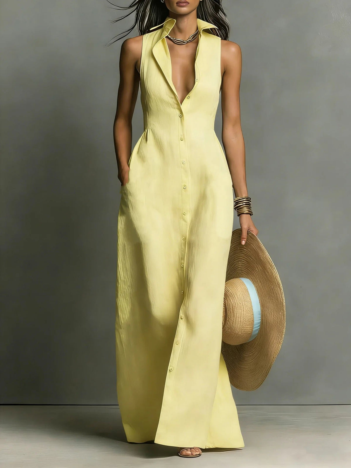 Women's Elegant Lapel Shirt Maxi Dress | Button-Front Detail