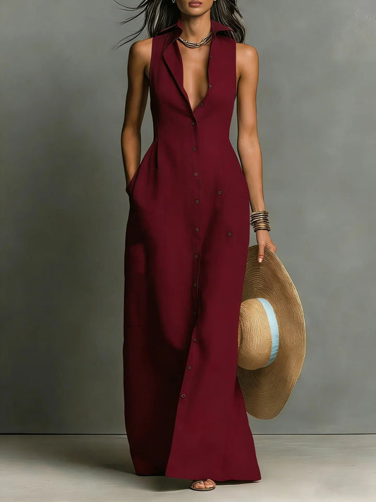 Women's Elegant Lapel Shirt Maxi Dress | Button-Front Front