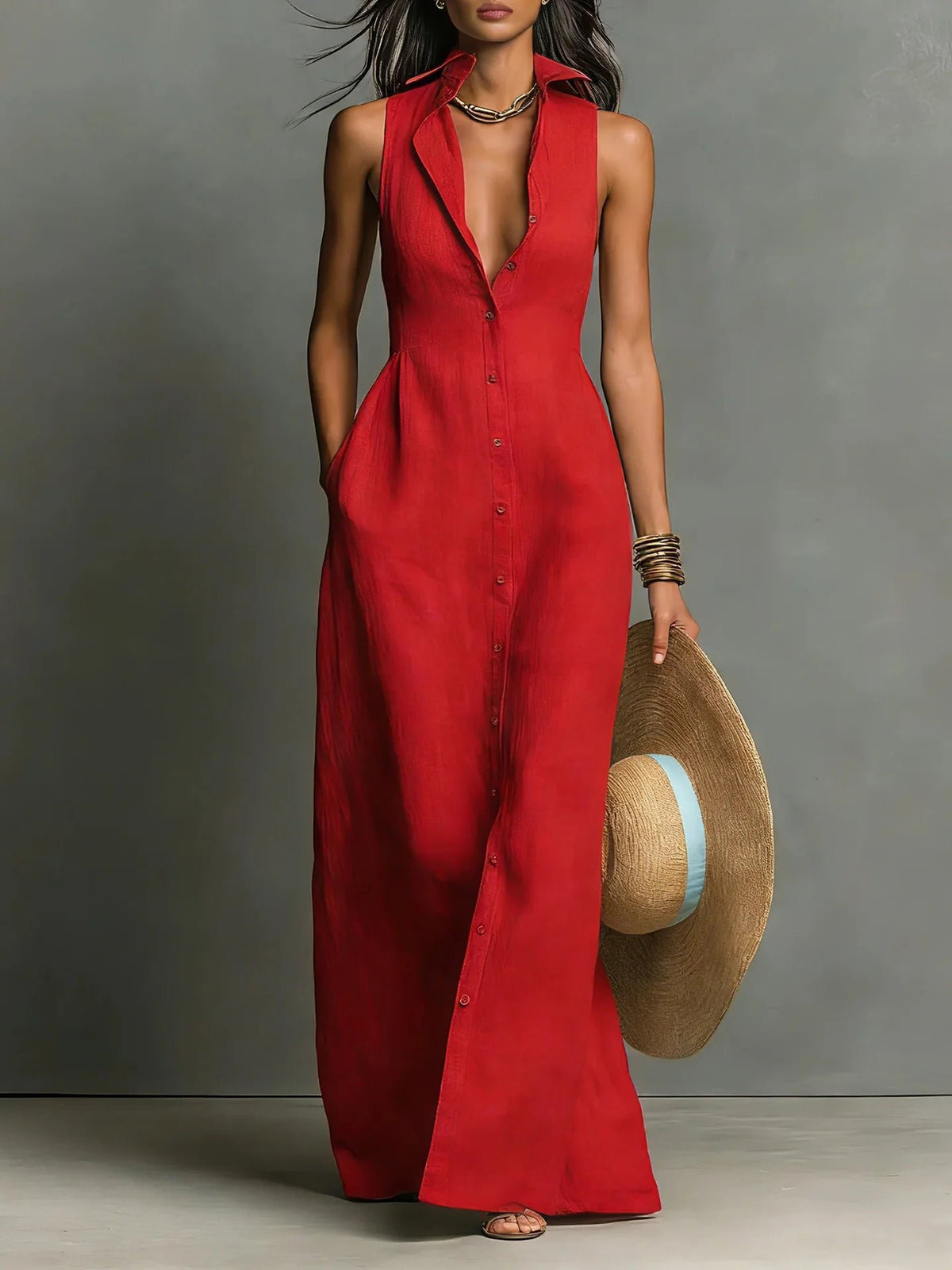 Women's Elegant Lapel Shirt Maxi Dress | Button-Front Hero