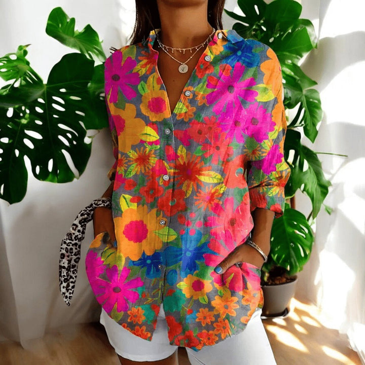 Women's Elegant Vintage Blouse | Hibiscus Print Short Sleeve Alternate