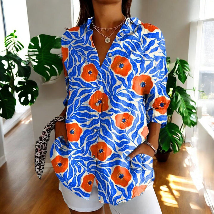 Women's Elegant Vintage Blouse | Hibiscus Print Short Sleeve Back