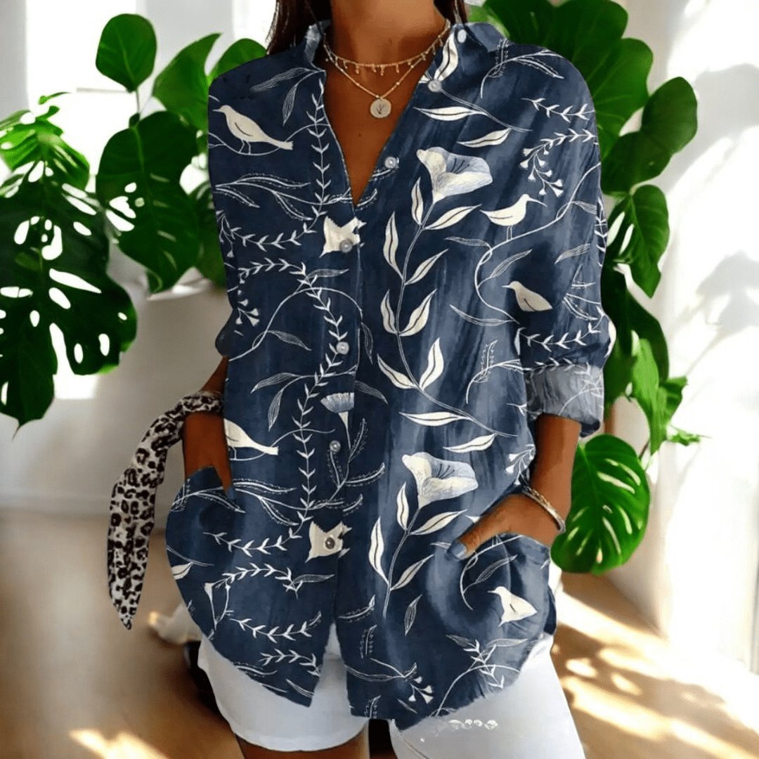 Women's Elegant Vintage Blouse | Hibiscus Print Short Sleeve Full