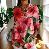 Blusa Vintage Elegante para Mujer | Estampado de Hibisco Manga Corta