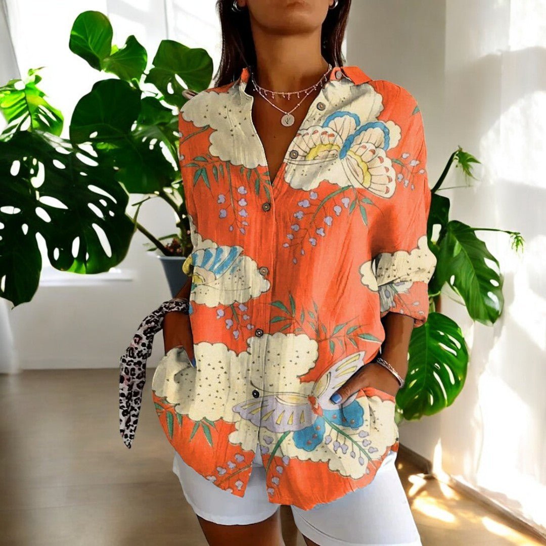 Women's Elegant Vintage Blouse | Hibiscus Print Short Sleeve Side