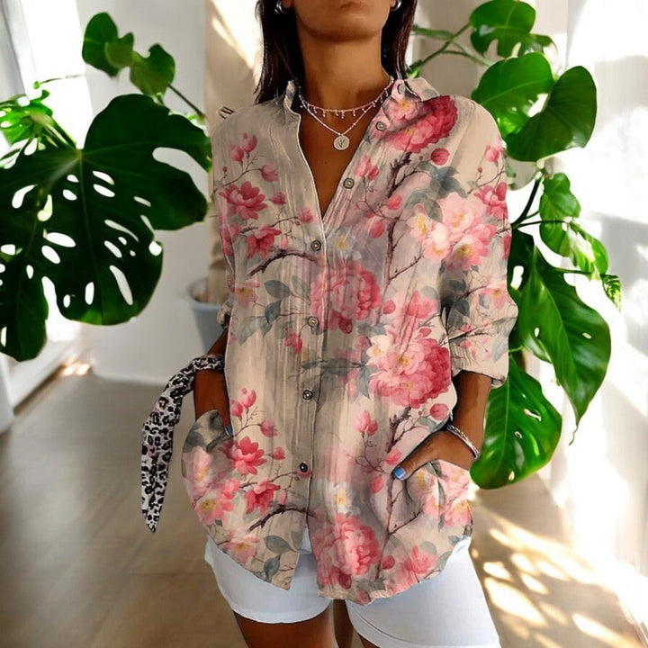 Women's Elegant Vintage Blouse | Hibiscus Print Short Sleeve View 11