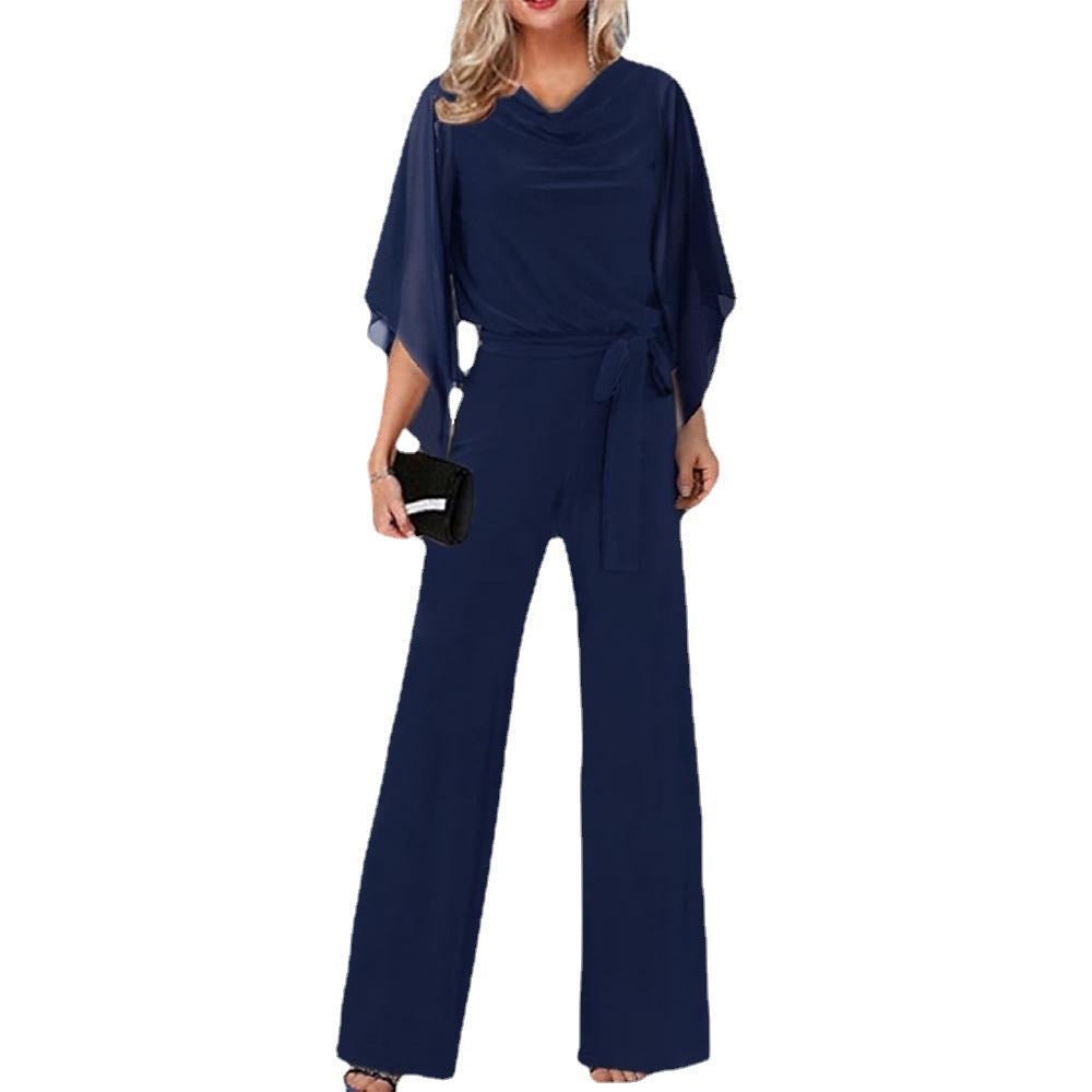 Women's Elegant Wide-Leg Jumpsuit | Cape Draped Sleeves Back