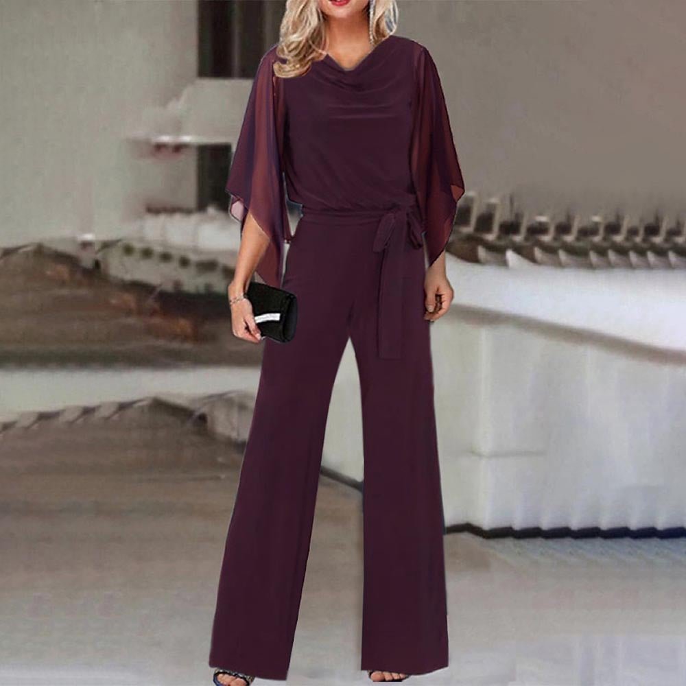 Women's Elegant Wide-Leg Jumpsuit | Cape Draped Sleeves Close Up