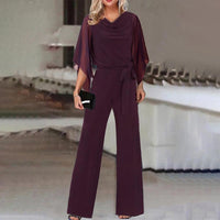 Women's Elegant Wide-Leg Jumpsuit | Cape Draped Sleeves Detail