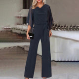 Women's Elegant Wide-Leg Jumpsuit | Cape Draped Sleeves