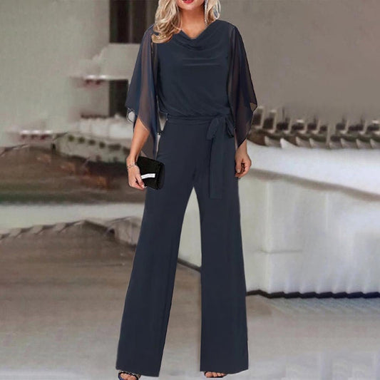 Women's Elegant Wide-Leg Jumpsuit | Cape Draped Sleeves Front