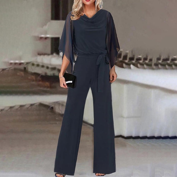 Women's Elegant Wide-Leg Jumpsuit | Cape Draped Sleeves Front