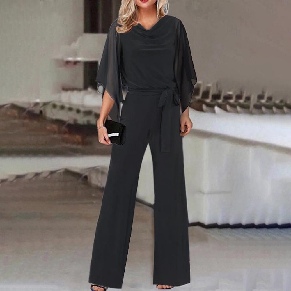 Women's Elegant Wide-Leg Jumpsuit | Cape Draped Sleeves Side