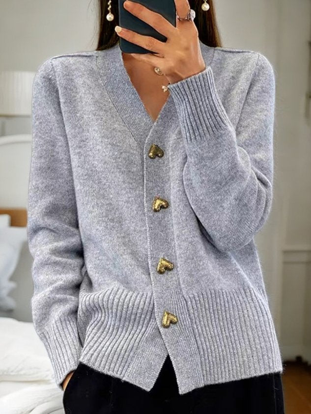 Women's Everyday Style Cardigan Sweater | Gold Heart Button Front
