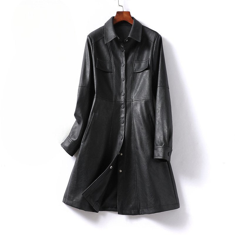 Women's Flared Sheepskin Leather Coat | Tailored Waist A-Line Back