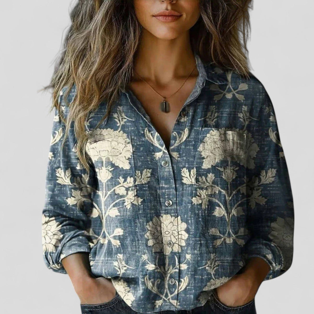 Women's Floral Button Down Shirt | Three-Quarter Sleeve Detail