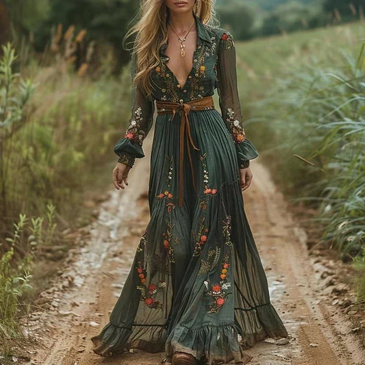 Women's Floral Embroidered Fit Maxi Dress | Tiered Hero
