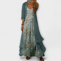 Women's Floral Maxi Dress Set | V-Neck Cardigan Two-Piece Front