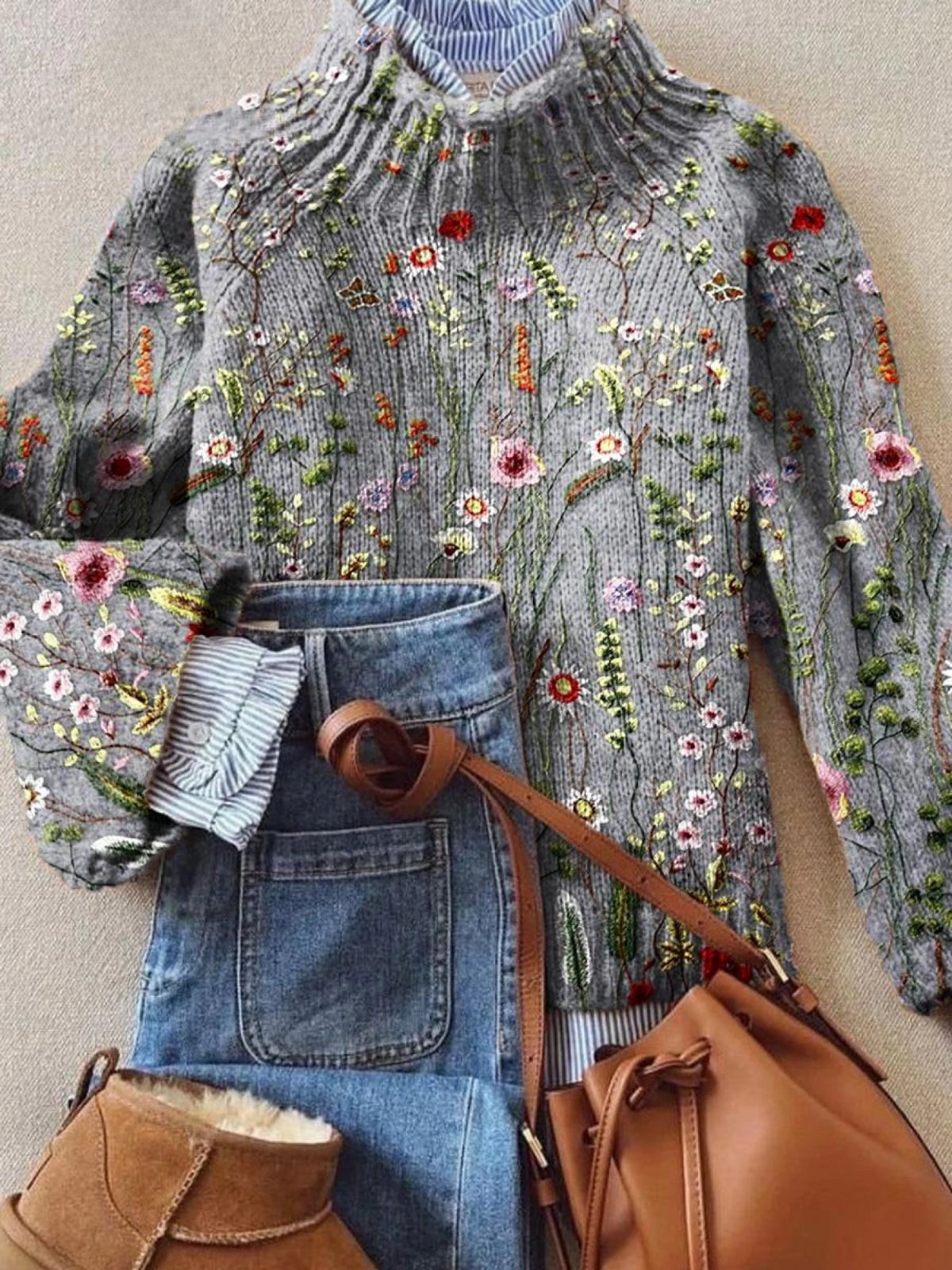 Women's Floral Ribbed Knit Sweater | Crew Neck Embroidered Top Hero
