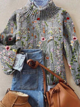 Women's Floral Ribbed Knit Sweater | Crew Neck Embroidered Top