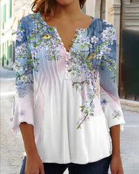Women's Floral Three-Quarter Sleeve Blouse | Button-Up V-Neck Angle