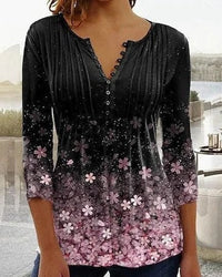 Women's Floral Three-Quarter Sleeve Blouse | Button-Up V-Neck Back