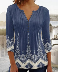 Women's Floral Three-Quarter Sleeve Blouse | Button-Up V-Neck Close Up