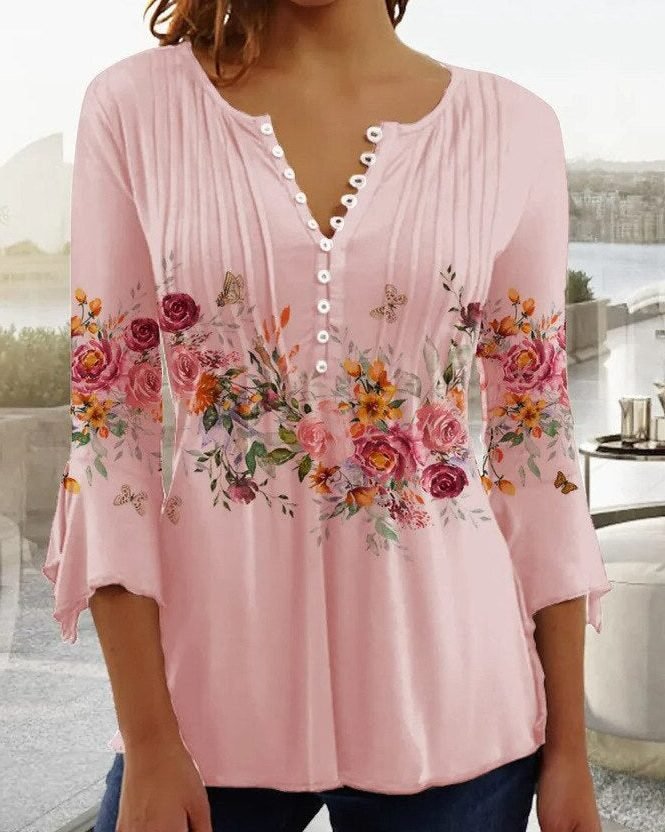 Women's Floral Three-Quarter Sleeve Blouse | Button-Up V-Neck Front