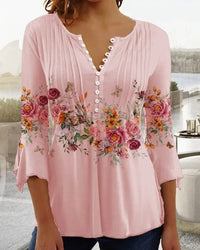 Women's Floral Three-Quarter Sleeve Blouse | Button-Up V-Neck Front