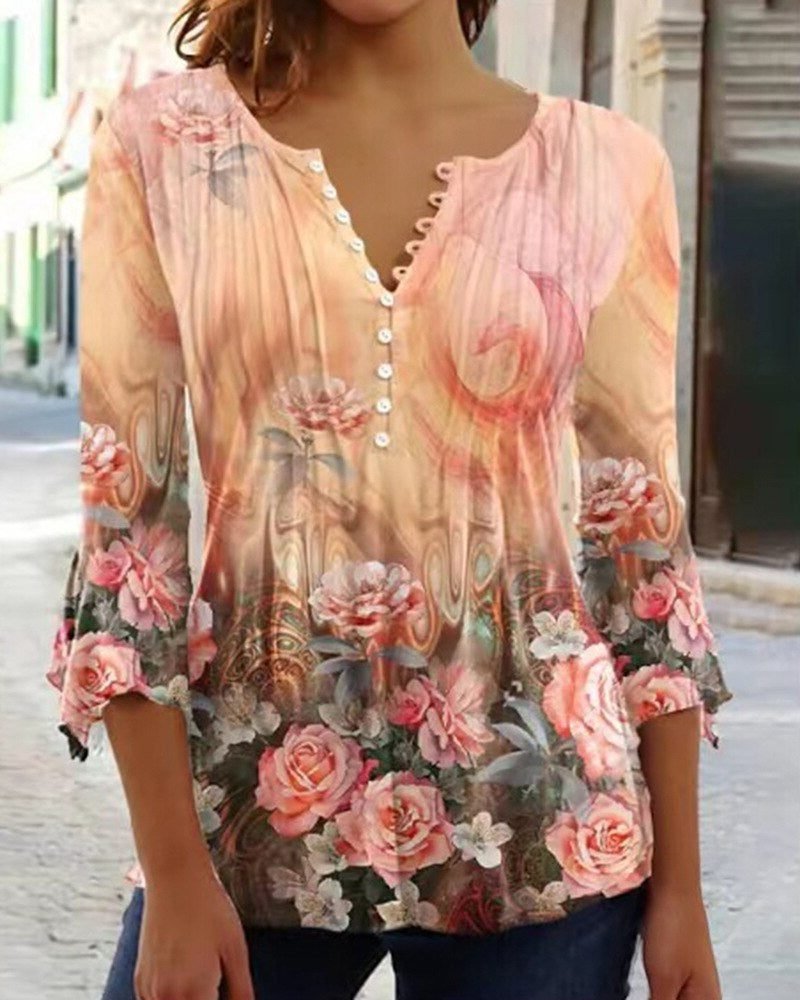 Women's Floral Three-Quarter Sleeve Blouse | Button-Up V-Neck Full
