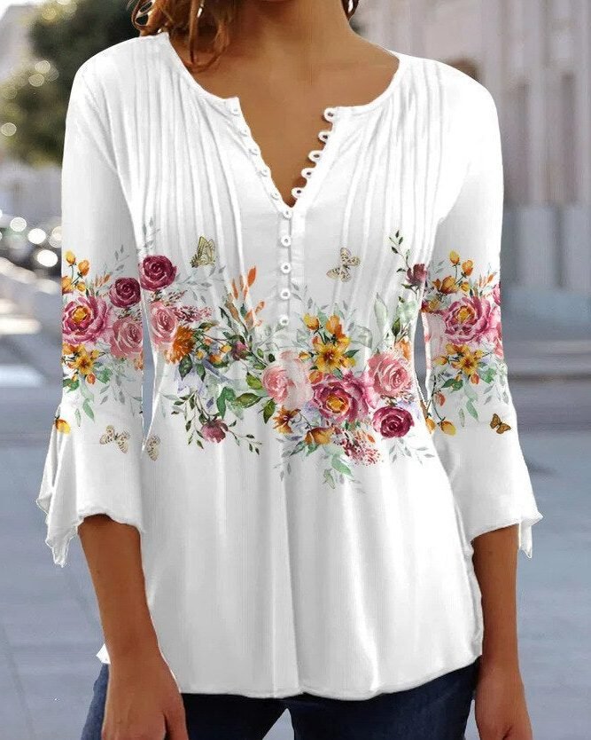 Women's Floral Three-Quarter Sleeve Blouse | Button-Up V-Neck Hero