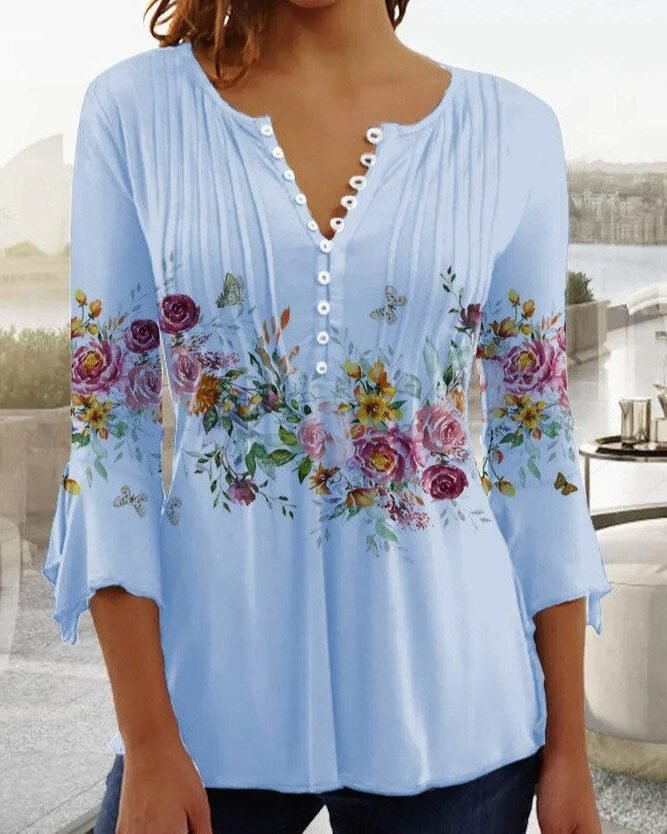 Women's Floral Three-Quarter Sleeve Blouse | Button-Up V-Neck Side