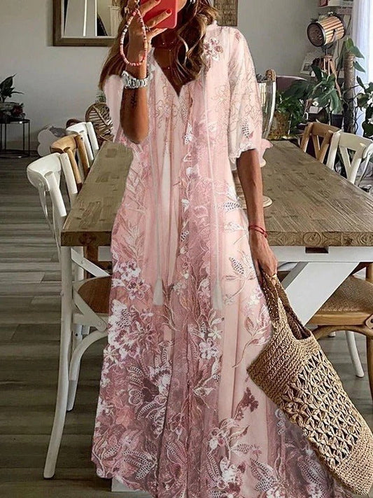 Women's Floral V-Neck Casual Maxi Dress | Half Sleeve Front