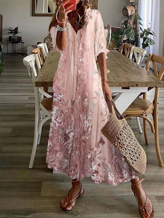 Women's Floral V-Neck Casual Maxi Dress | Half Sleeve Hero