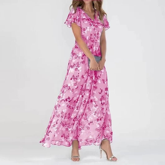 Women's Flutter Sleeve Floral Wedding Guest Summer Maxi Dress Front