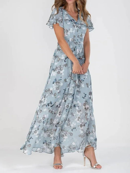 Women's Flutter Sleeve Floral Wedding Guest Summer Maxi Dress Hero